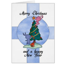 Christmas Card With Cute Rabbits Decorating The Tr