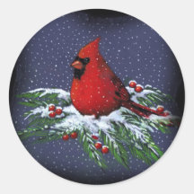 CHRISTMAS CARDINAL: BIRD: ART: SNOW ROUND STICKER