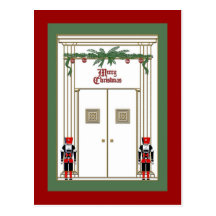 christmas door with nutcrackers postcard