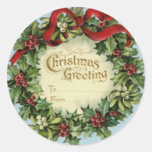 Christmas gift tags  Victorian holly wreath Round Stickers