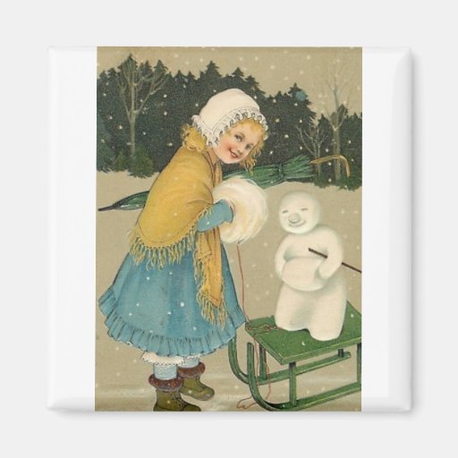 Christmas Girl & Snowman Vintage Art Magnets