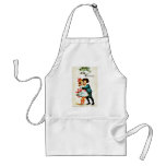 Christmas greeting with a boy hugs a girl aprons
