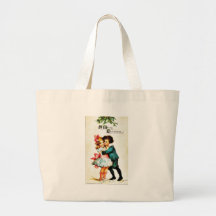 Christmas greeting with a boy hugs a girl canvas bag