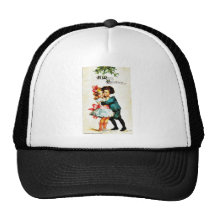 Christmas greeting with a boy hugs a girl mesh hat