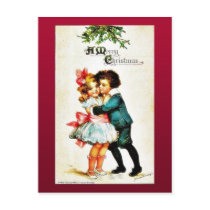 Christmas greeting with a boy hugs a girl postcards
