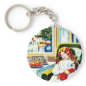 Christmas greeting with a girl sleeping on a chair keychains
