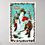 Christmas greeting with boy and girl in snow land posters