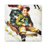 Christmas greeting with kids snow slading magnets