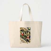 Christmas greeting with santa claus travells in a bags