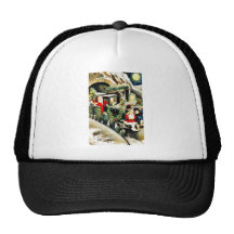 Christmas greeting with santa claus travells in a trucker hats