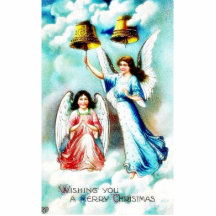 Christmas greeting with two angels, one rings the photo sculpture