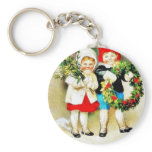 Christmas greeting with two kids holding bouque an keychains