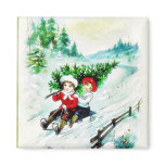 Christmas greeting with with two kids snow slading magnets