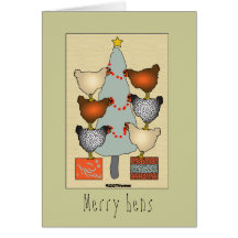 Christmas hens decorate tree on linen Card
