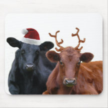 Christmas Holiday Cows in Santa Hat and Antlers Mousepad