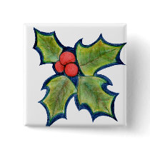 Christmas Holly Leaves, Red Berries Pin
