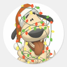 Christmas Lights Funny Puppy Dog Round Stickers