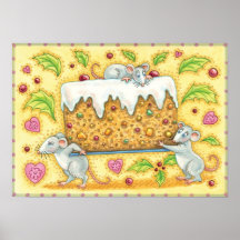 Christmas Mice Carrying a Fruit Cake Dessert Print