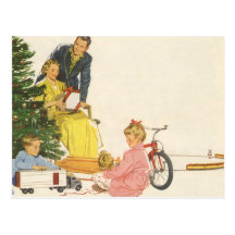 Christmas Morning Opening Presents by the Tree Postcards