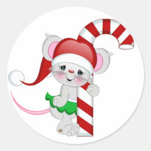 Christmas Mouse Candy Cane Round Sticker