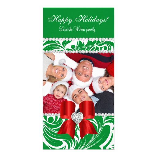 Christmas Photo Card Swirls Green Jewel Bow White
