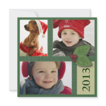 Christmas Photo Trio in Green Holly Berry Greeting