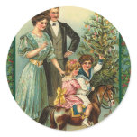 Christmas Rocking Horse Vintage Art Cards Round Stickers