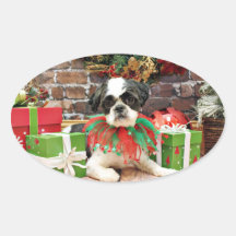 Christmas - Shih Tzu - Louie Oval Sticker
