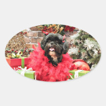 Christmas - Shih Tzu - Ruffles Oval Stickers