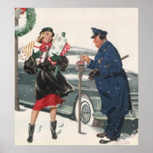 Christmas Shopping; Policeman Feeding the Metre Poster