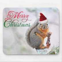 Christmas Squirrel Wearing Santa Claus Hat Mouse Pads
