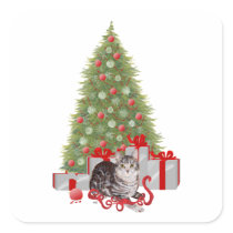 Christmas Tabby at the Tree Sticker