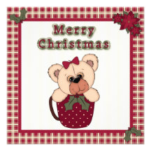 Christmas Teddy Bear in Cup Plaid Family Party Personalized Invitations