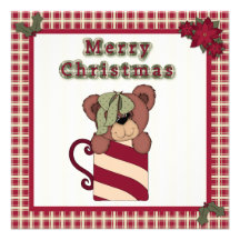 Christmas Teddy Bear in Cup Plaid Family Party Personalized Invites