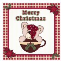 Christmas Teddy Bear in Cup Plaid Family Party Announcements