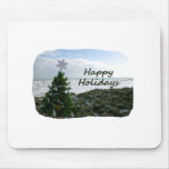 Christmas Tree Against Beach Rocks Happy Holidays Mouse Pad