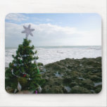 Christmas Tree Against Beach Rocks Mousepads