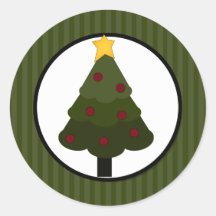 Christmas Tree Design on Green Stripes Round Sticker