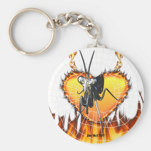 Chromed praying mantis design 2 with fire and web. keychains