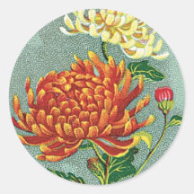 Chrysanthemum Flower Vintage Japanese Silk Label Round Sticker