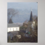 Church steeple on a hazy blue day posters