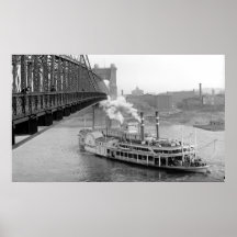 Cincinnati Suspension Bridge and Steamboat 1906 BW Print