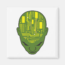 circuit board brain head yellow and green refrigerator magnet