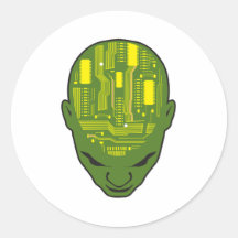 circuit board brain head yellow and green round stickers