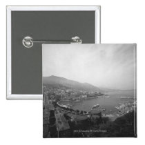 Cityscape at harbour B&W elevated view buttons