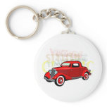 Classic car, old vintage coupe in red keychains