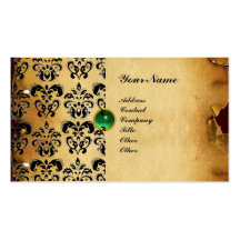 CLASSY DAMASK PARCHMENT MONOGRAM green emerald Business Cards