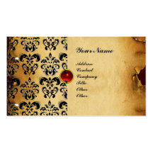 CLASSY DAMASK PARCHMENT MONOGRAM red black Business Cards