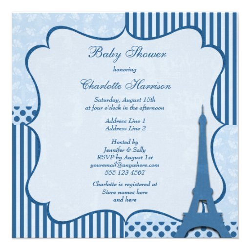 Classy Eiffel Tower Blue Baby Shower Personalized Invites