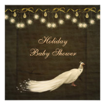 Classy Peacock Neutral Christmas Baby Shower Custom Announcements